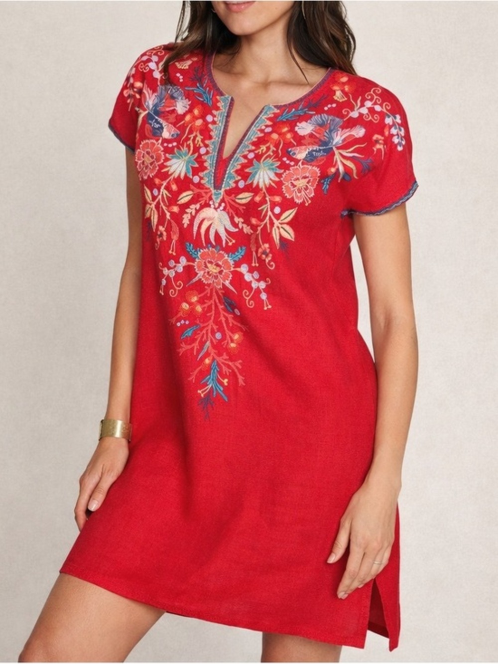 Johnny Was Red Linen Embroidered Short Sleeve Mini Dress M